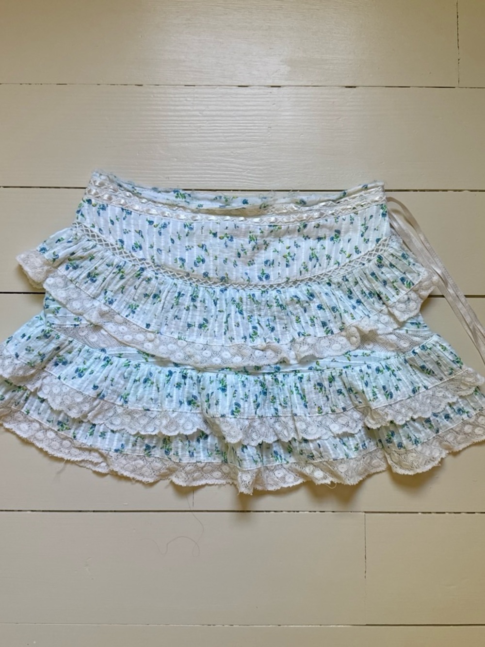 LoveShackFancy White Mini Skirt with Green Floral Print